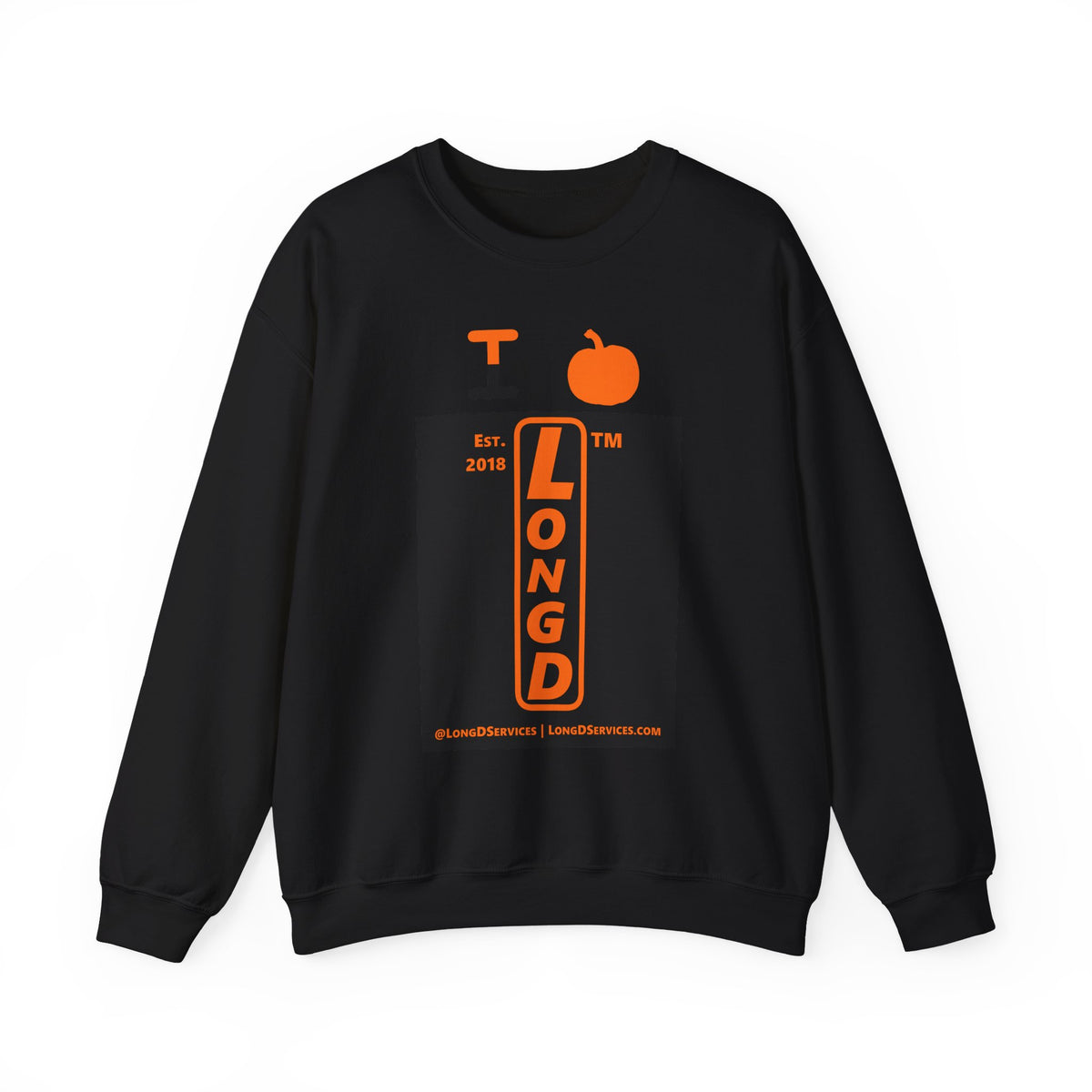 I pumpkin LongD Tag-domain upright logo positive orange on negative black crewneck sweatshirt