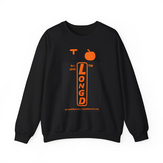 I pumpkin LongD Tag-domain upright logo positive orange on negative black crewneck sweatshirt