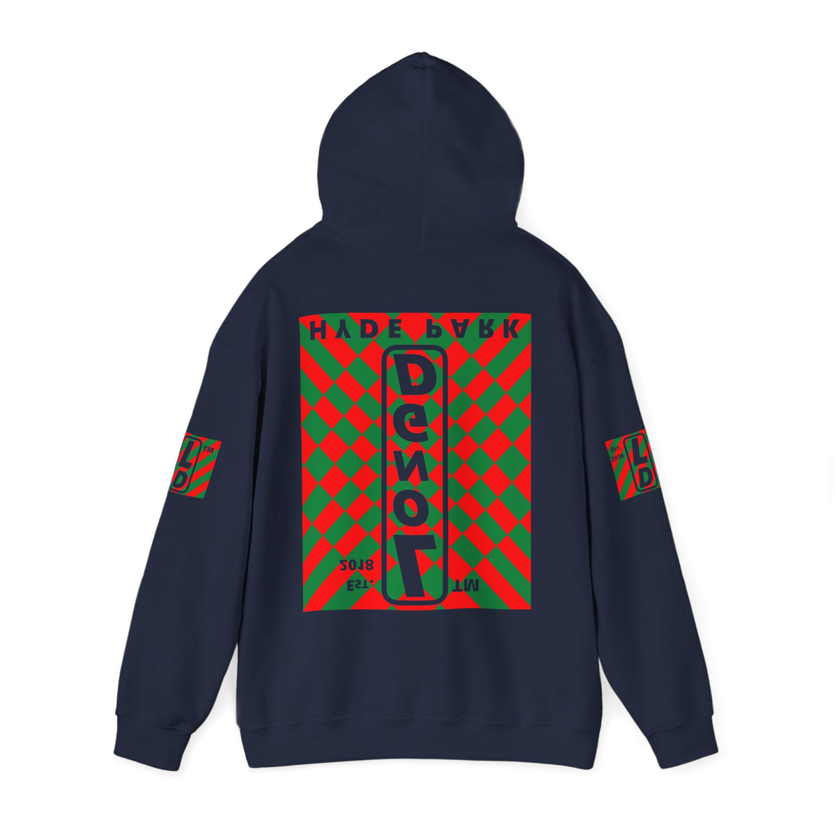 LongD Hyde Park negative upright stylized argyle 4-print logo (Xmas colors) hoodie