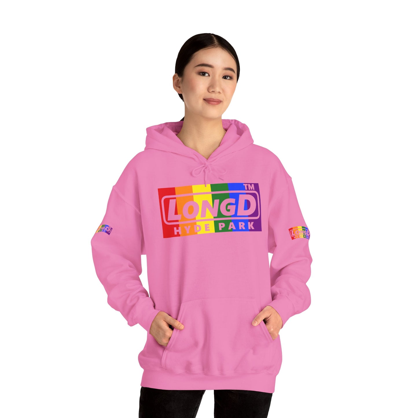 LongD® negative vertical striped 4-print Hyde Park logo hoodie (Pride colors)