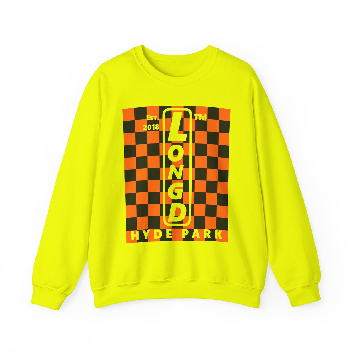 LongD Hyde Park negative upright checkered logo (Halloween colors) crewneck sweatshirt