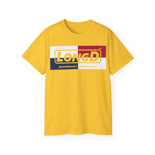LongD® Logo Cotton Tee Red, White and Blue negative quarters text