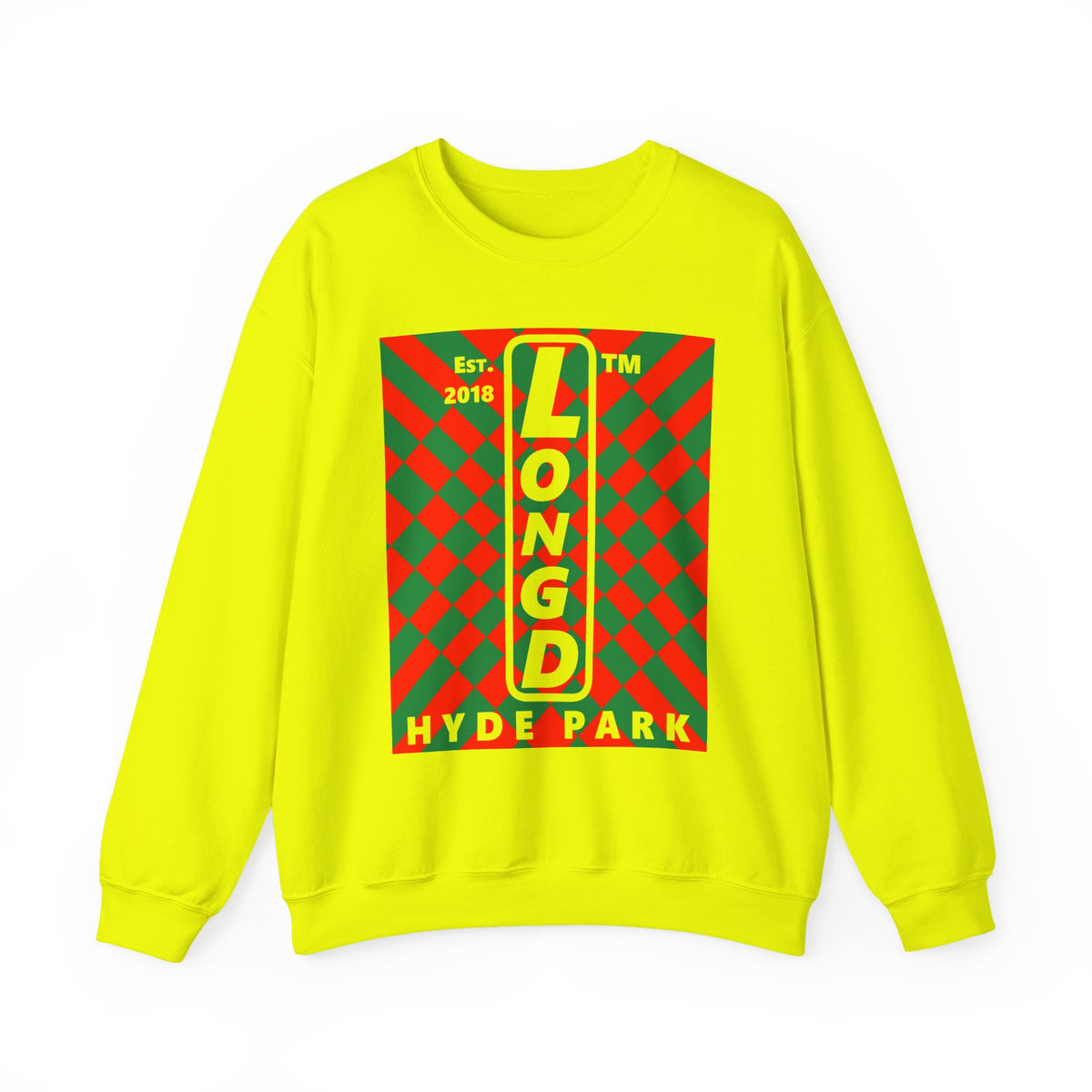 LongD Hyde Park negative upright stylized argyle logo (Xmas colors) crewneck sweatshirt