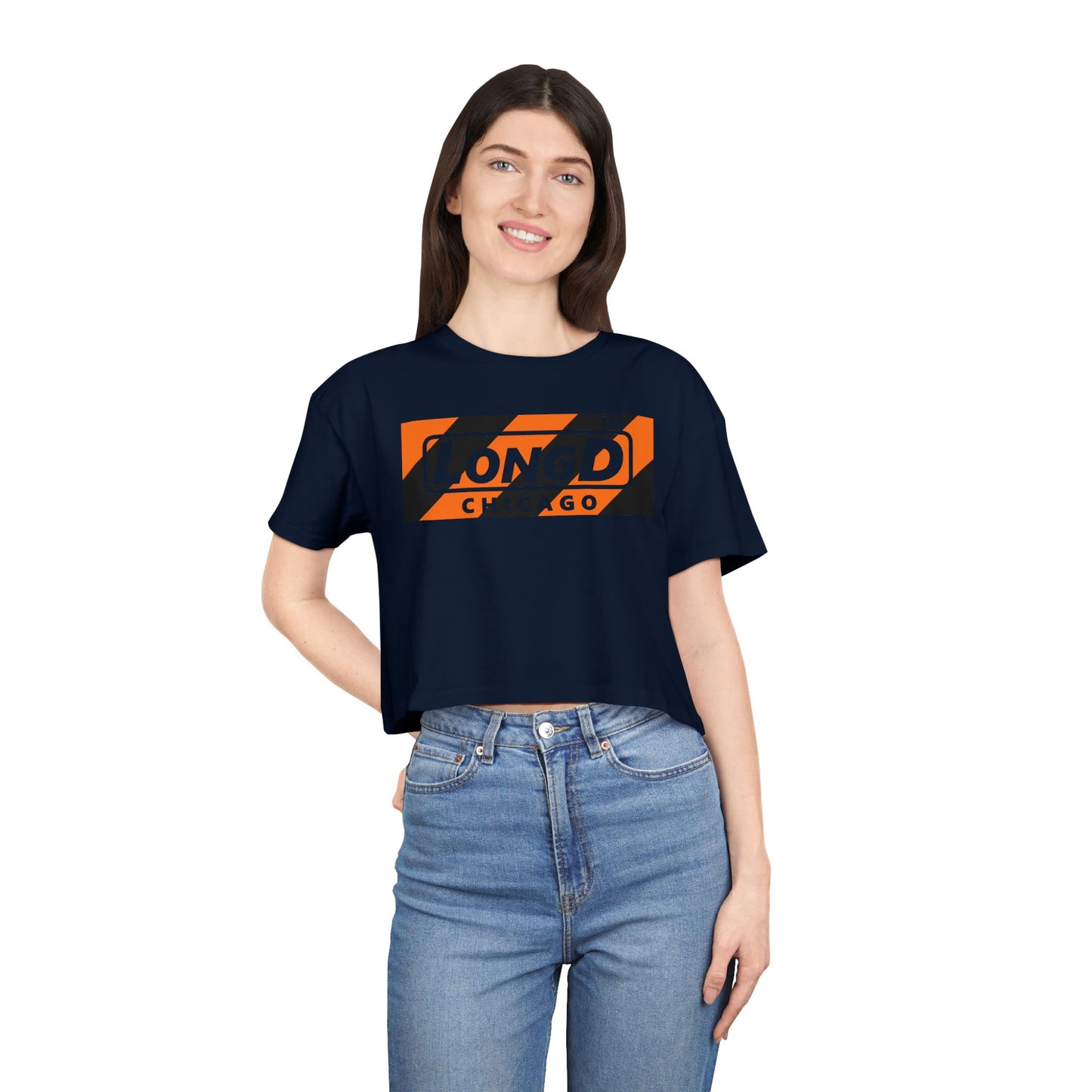 LongD Chicago negative diagonal 6-striped logo (Halloween colors) crop tee