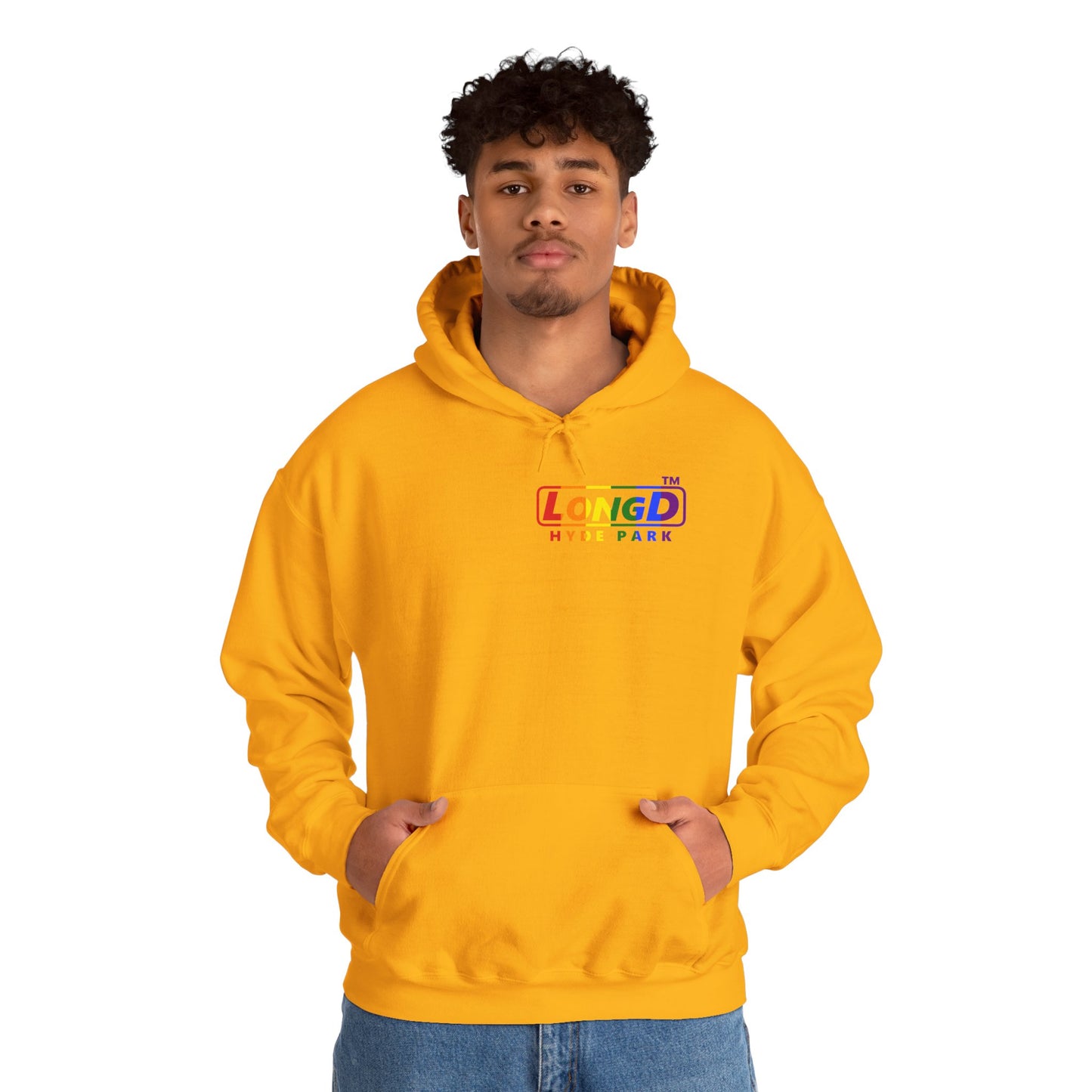 LongD® positive vertical striped single-breasted front-back Hyde Park logo hoodie (Pride colors)