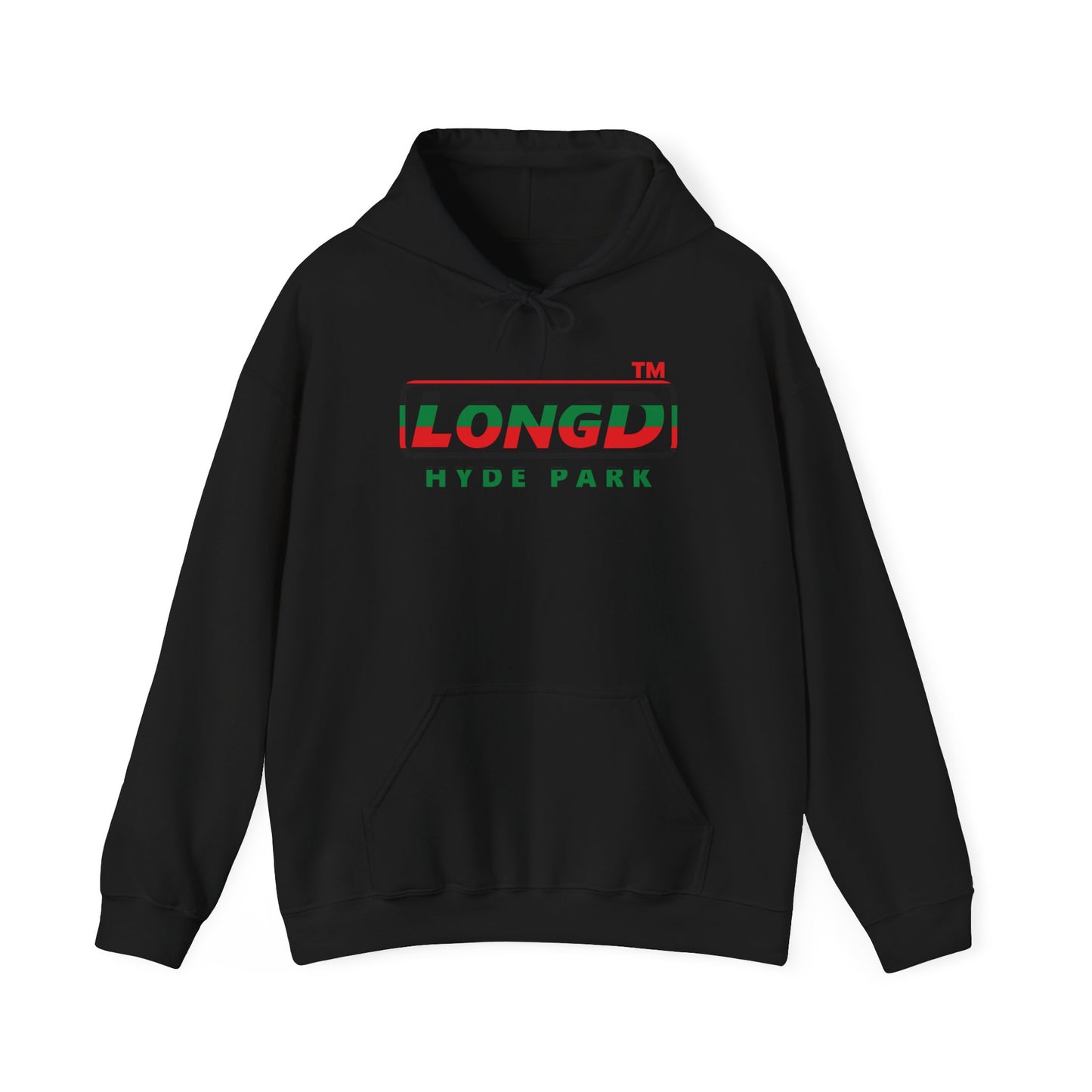 LongD® positive horizontal 6-striped Hyde Park logo Hoodie (Juneteenth colors)