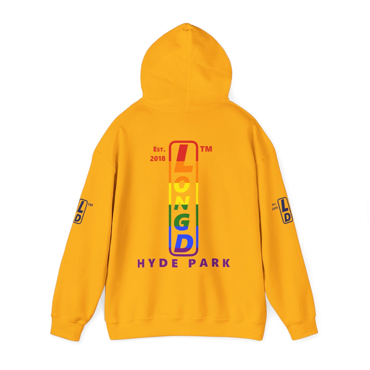 LongD® positive horizontal 6-striped Hyde Park 4-print upright logo hoodie (Pride colors)