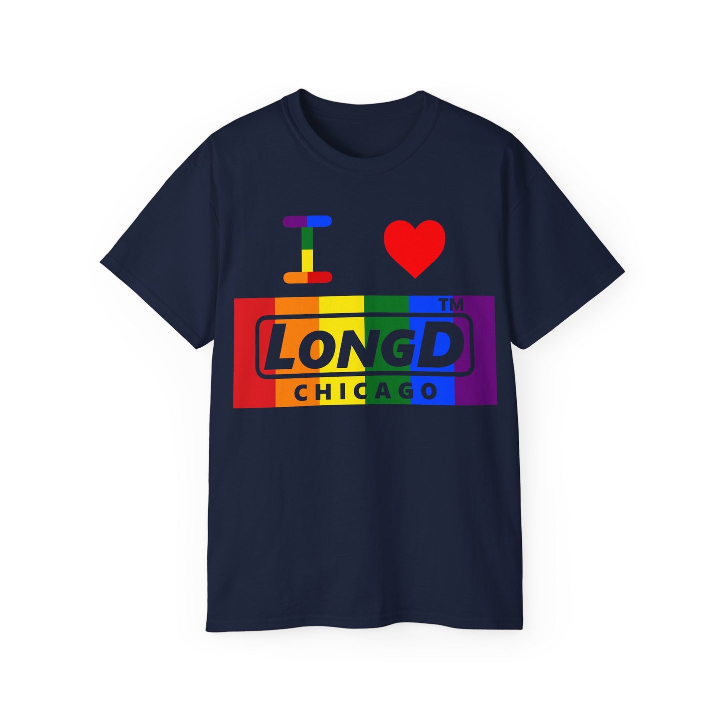 I Luv LongD negative vertical striped Chicago logo cotton tee (Pride colors)