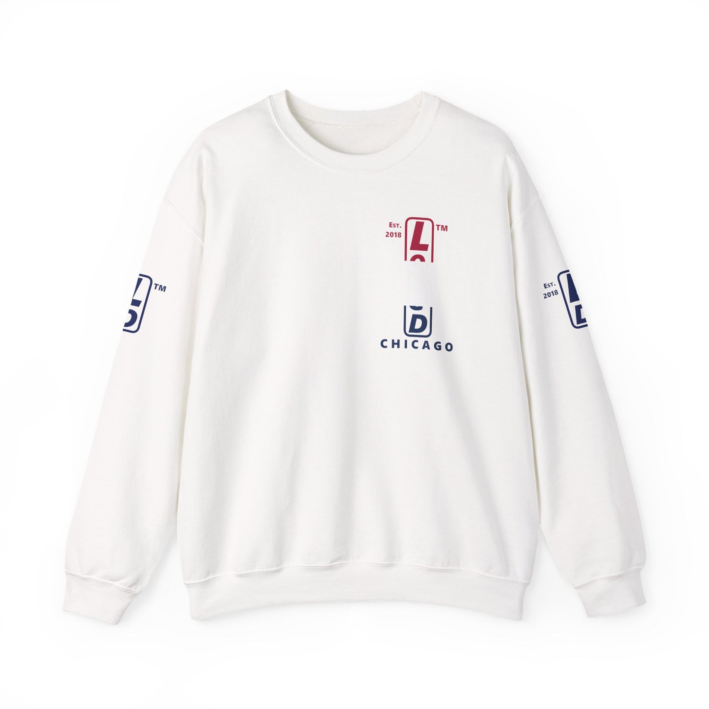 LongD positive horizontal 3-striped Chicago upright 4-print single-breasted logo crewneck sweatshirt (patriotic colors)