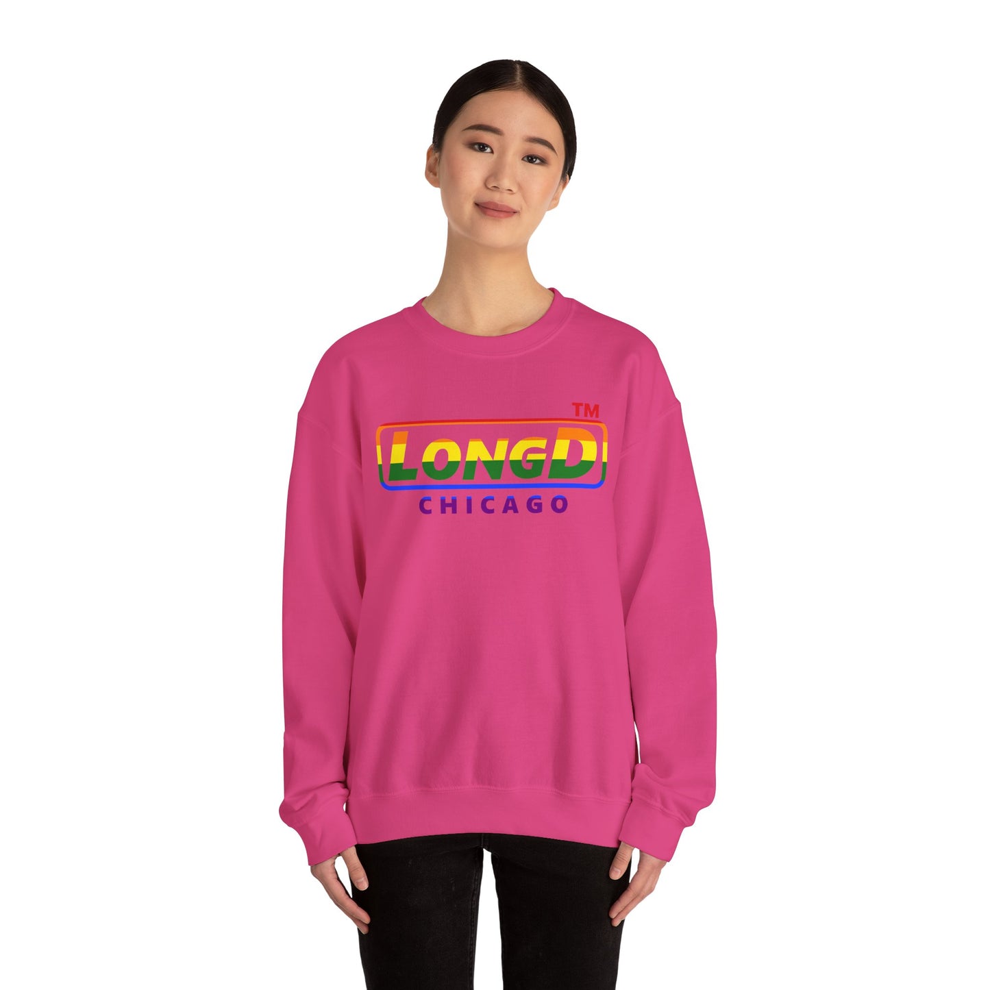 LongD positive horizontal striped front-back Chicago logo crewneck sweatshirt (Pride colors)