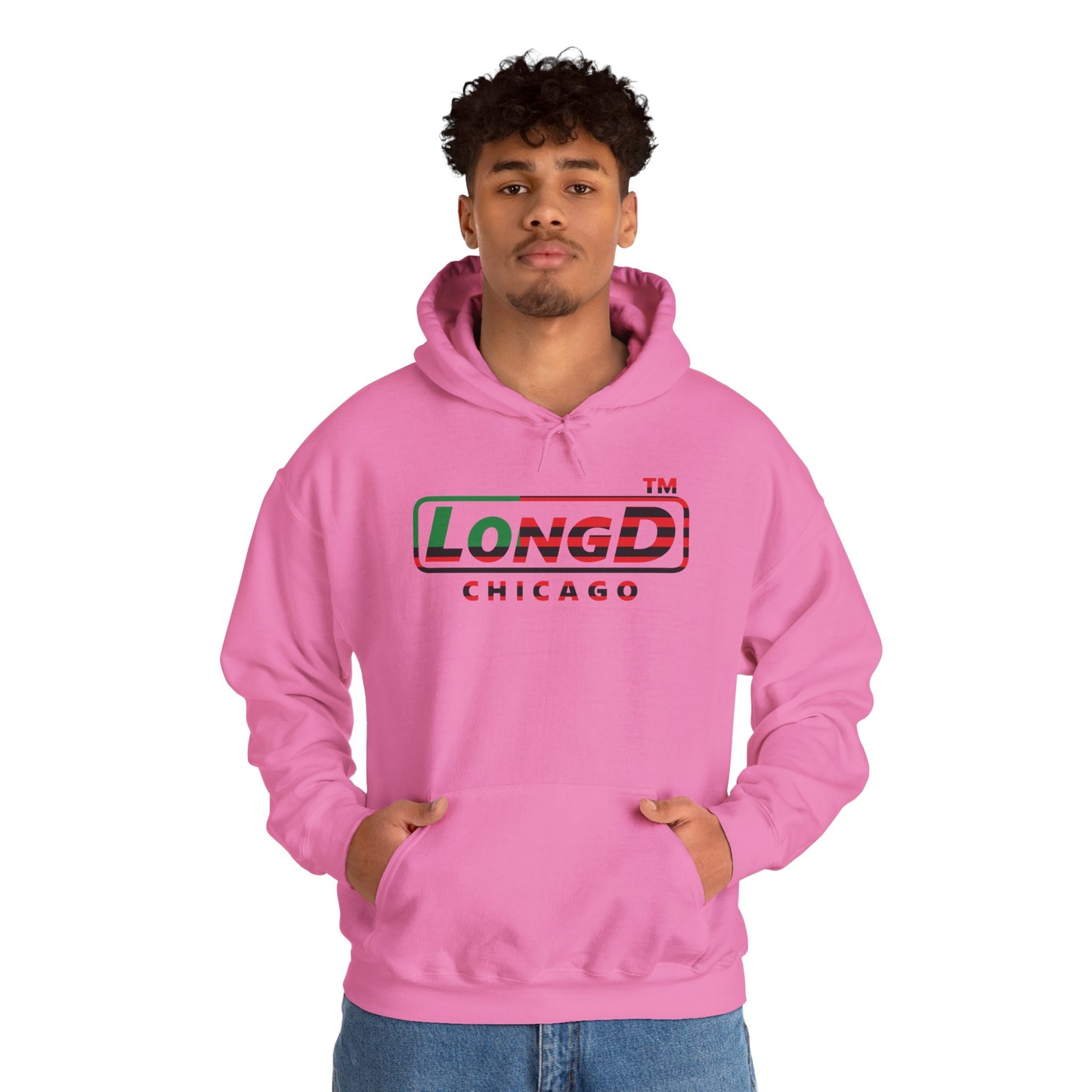LongD® positive flag front-back Chicago logo Hoodie (Juneteenth colors)