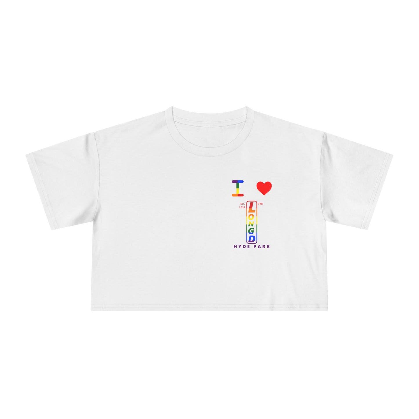 I Luv LongD Positive horizontal 6-striped upright single-breasted Hyde Park logo crop tee (Pride colors)