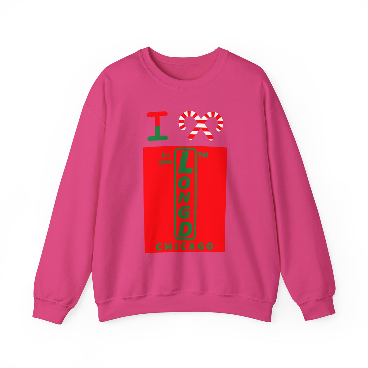 I candy cane LongD Chicago upright logo positive green on negative red crewneck sweatshirt