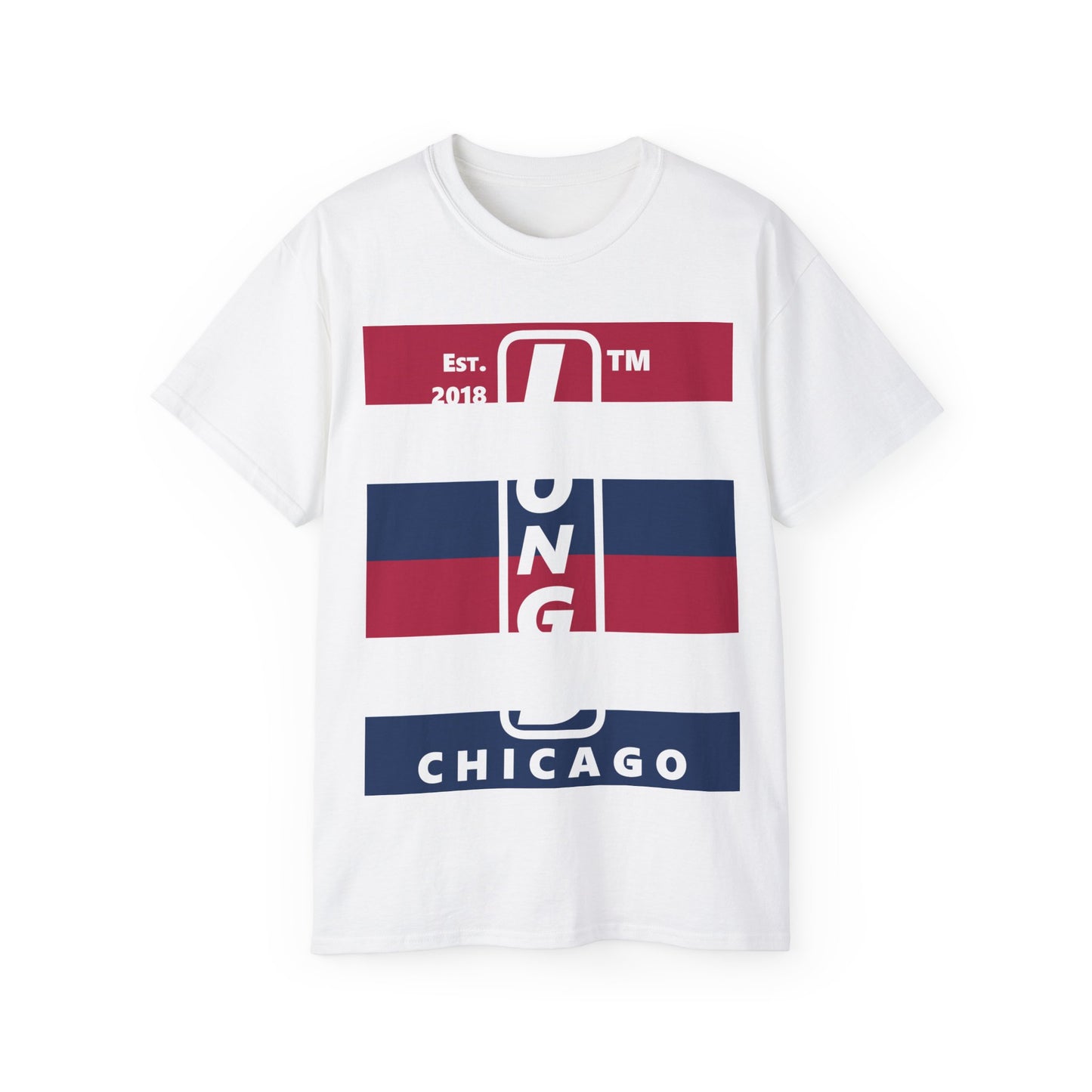 LongD cotton tee negative horizontal 6-striped Chicago upright logo (Patriotic colors)