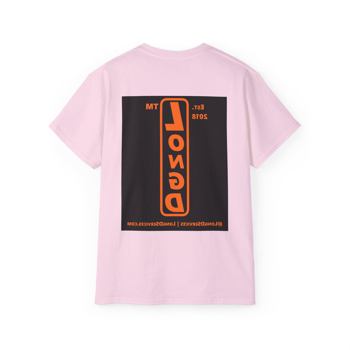 LongD Tag-domain upright front-back logo orange (FE7518) on Black (000000) cotton tee