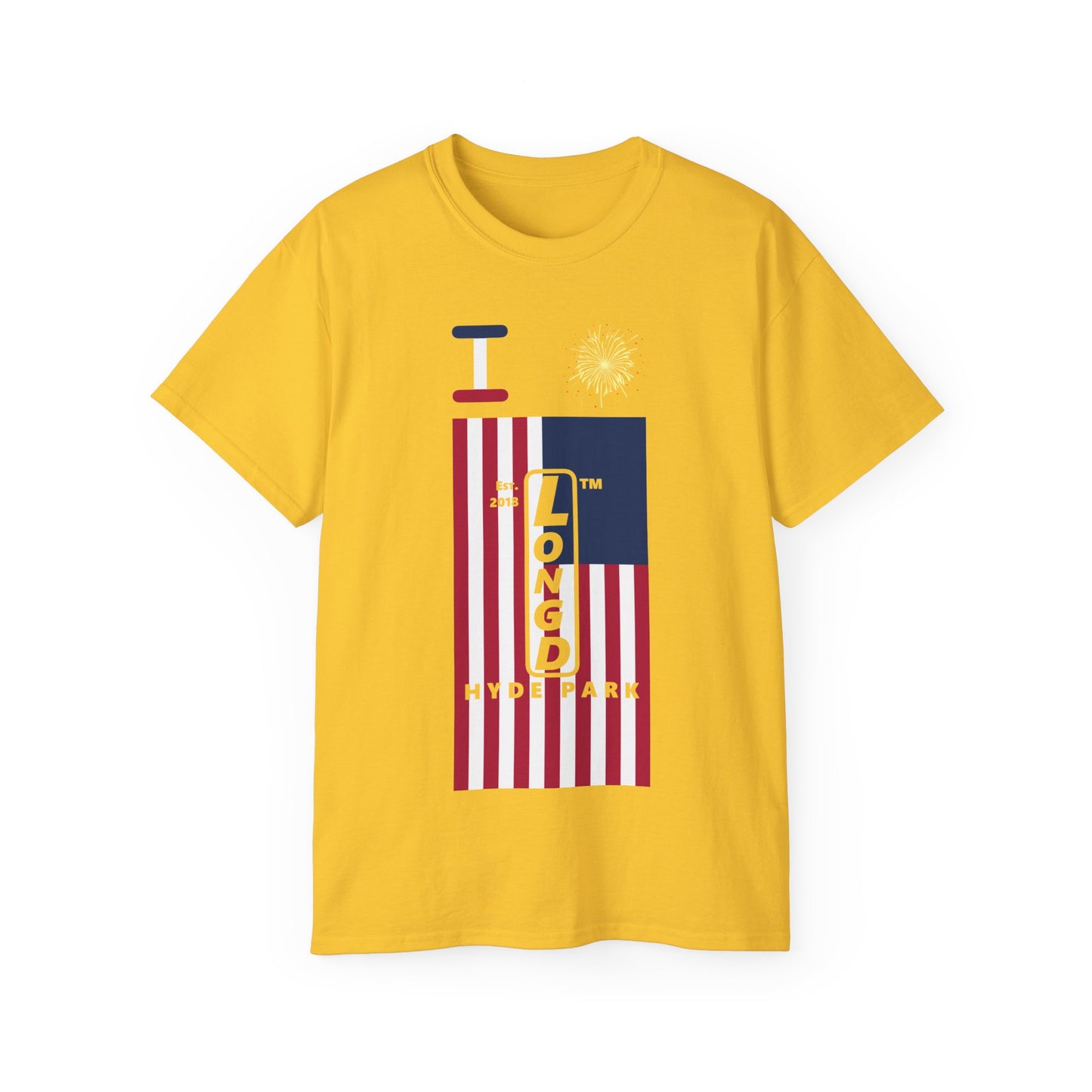 I Burst LongD cotton tee negative flag Hyde Park upright logo (Patriotic colors)