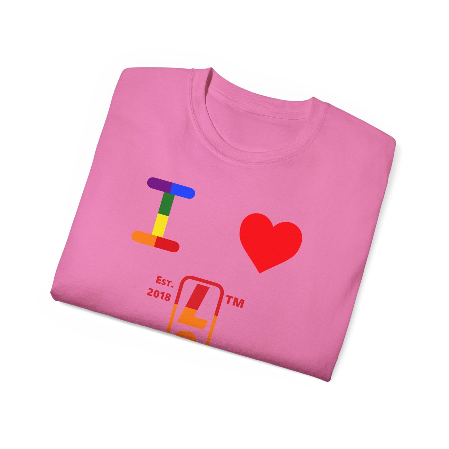 I Luv LongD Cotton Tee positive horizontal striped Hyde Park upright logo (Pride colors)