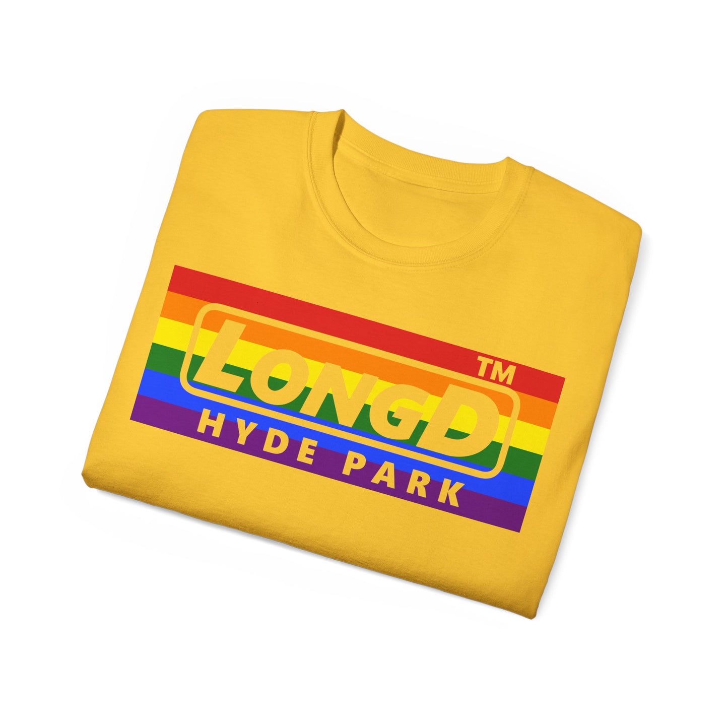 LongD negative horizontal striped Hyde Park logo cotton tee (Pride colors)