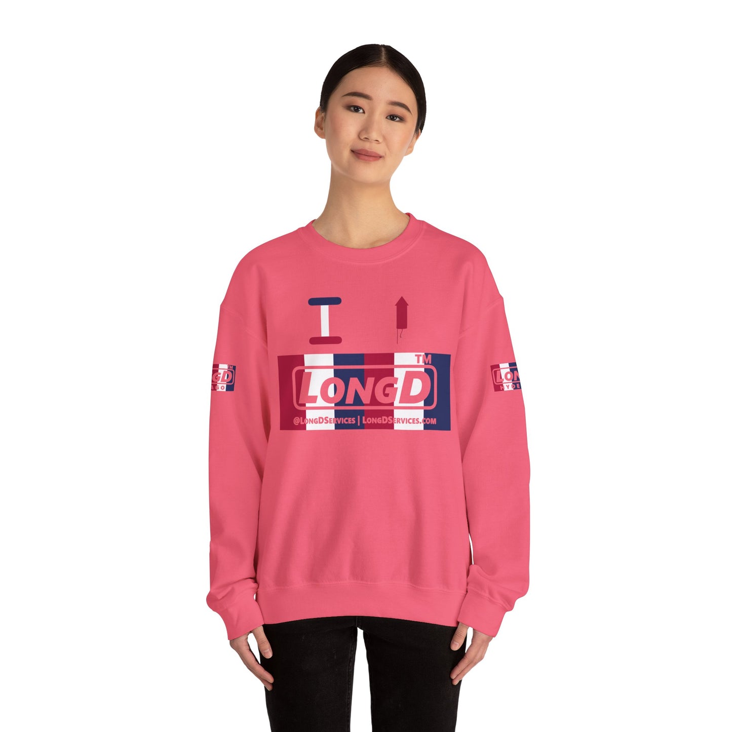 I firecracker LongD positive vertical 6-striped 4-print tag-domain logo crewneck sweatshirt