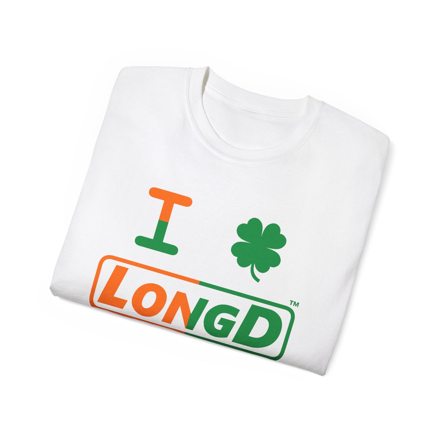 I Clover LongD® Logo Cotton Tee (St. Patrick's Day -Irish Green and Irish Orange right-left split with 4-leaf clover)