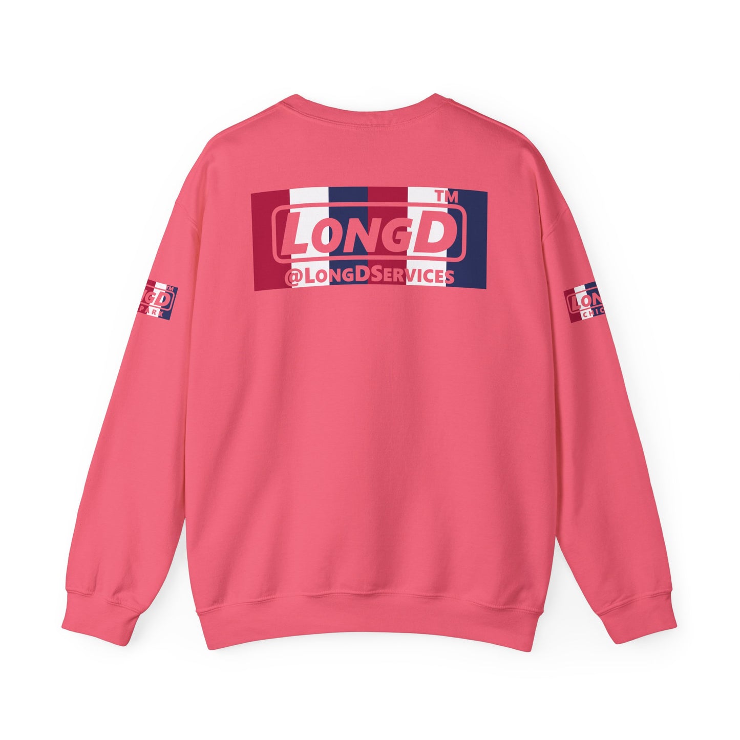 LongD negative vertical 6-striped 4-print double-breasted Chicago logo crewneck sweatshirt (patriotic colors)