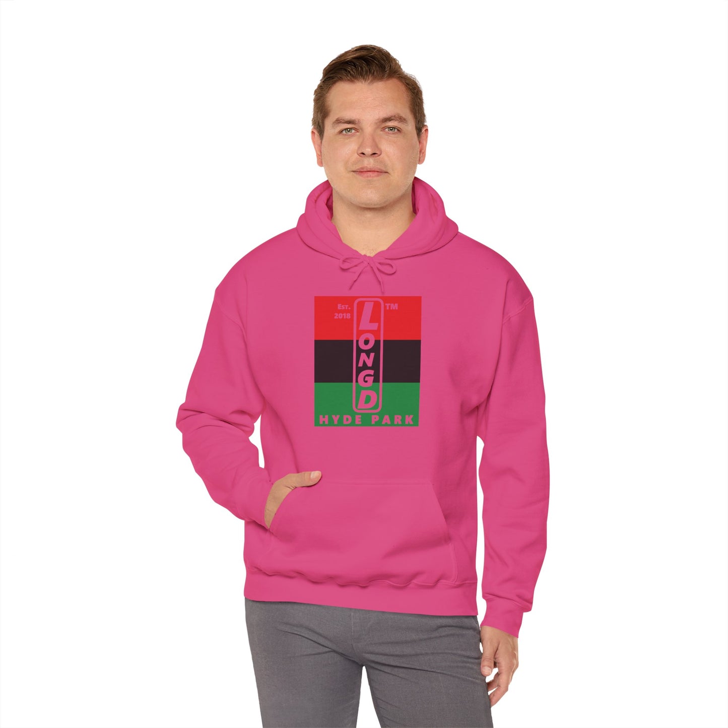 LongD® negative horizontal 3-striped upright Hyde Park logo hoodie (Juneteenth colors)
