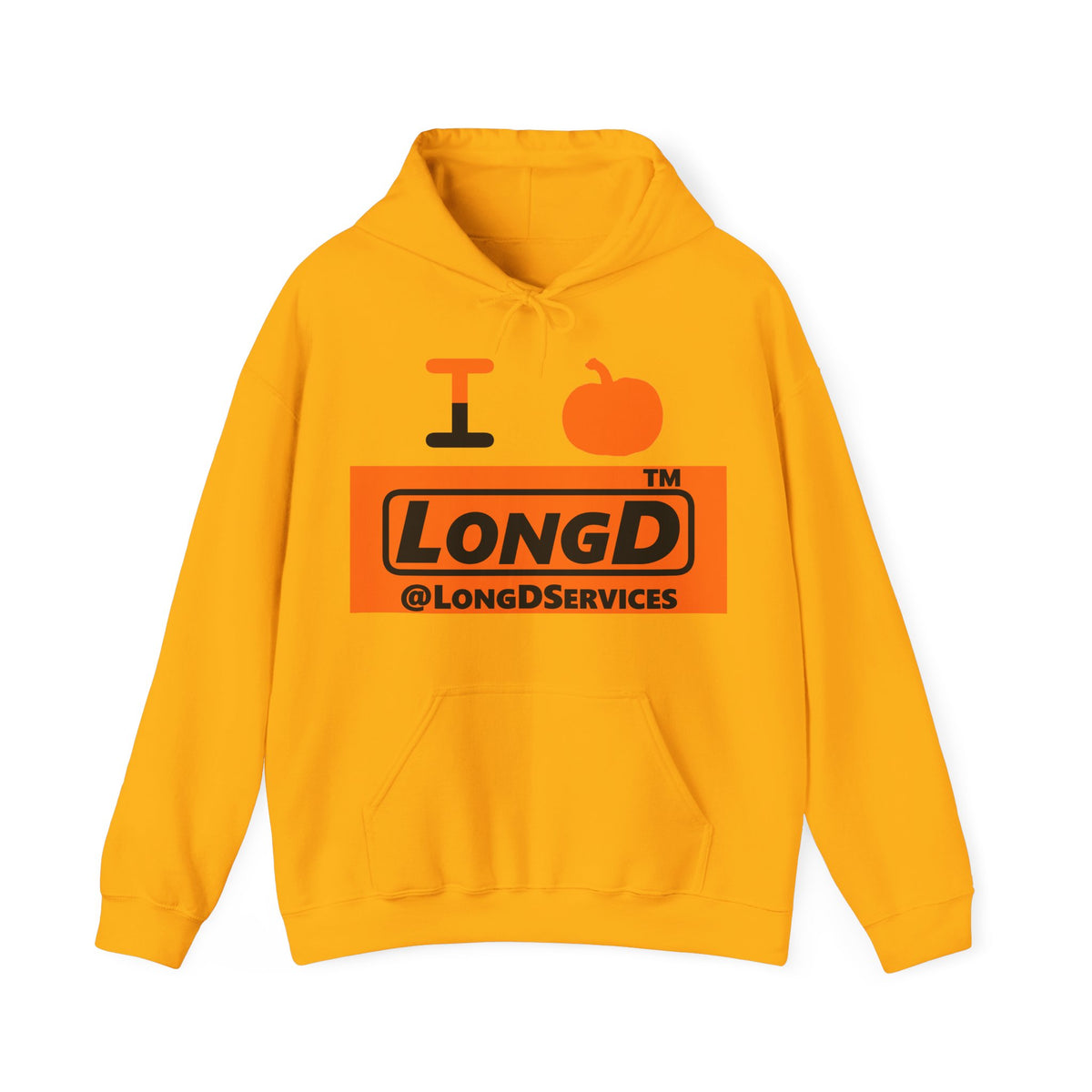 I pumpkin LongD Tag logo positive black on negative orange hoodie
