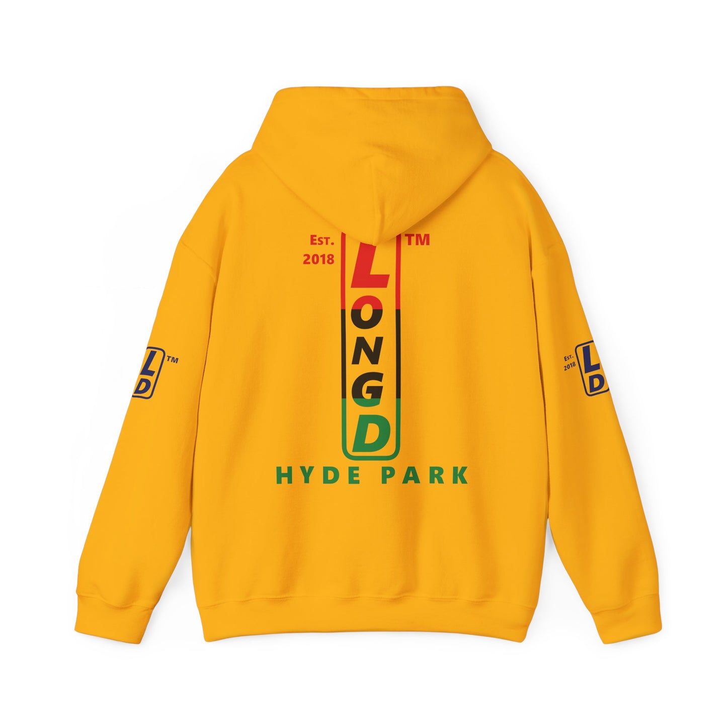 LongD® positive horizontal 3-striped Hyde Park 4-print upright logo hoodie (Juneteenth colors)