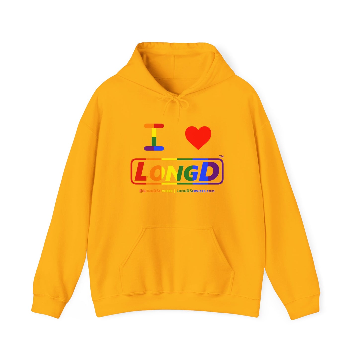 I Luv LongD® Logo Hoodie with Pride rainbow positive text