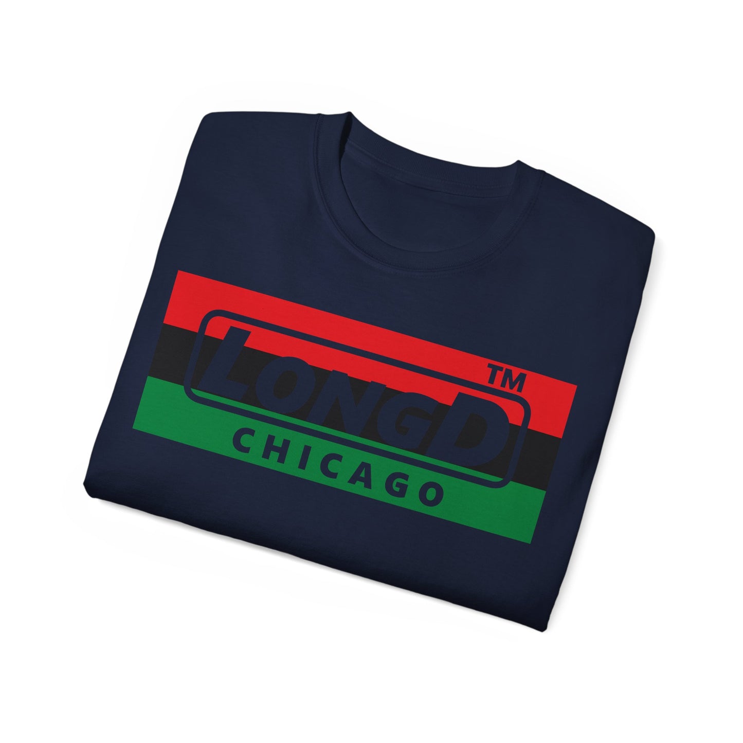 LongD negative horizontal 3-striped Chicago logo cotton tee (Juneteenth colors)