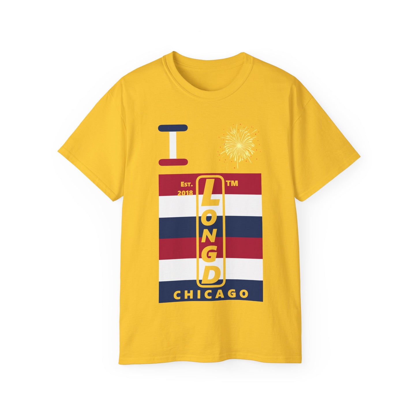 I Burst LongD cotton tee negative horizontal 6-striped Chicago upright logo (Patriotic colors)