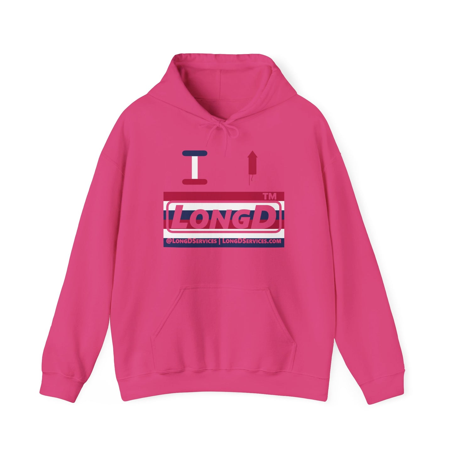 I firecracker LongD® negative horizontal 6-striped tag-domain logo hoodie