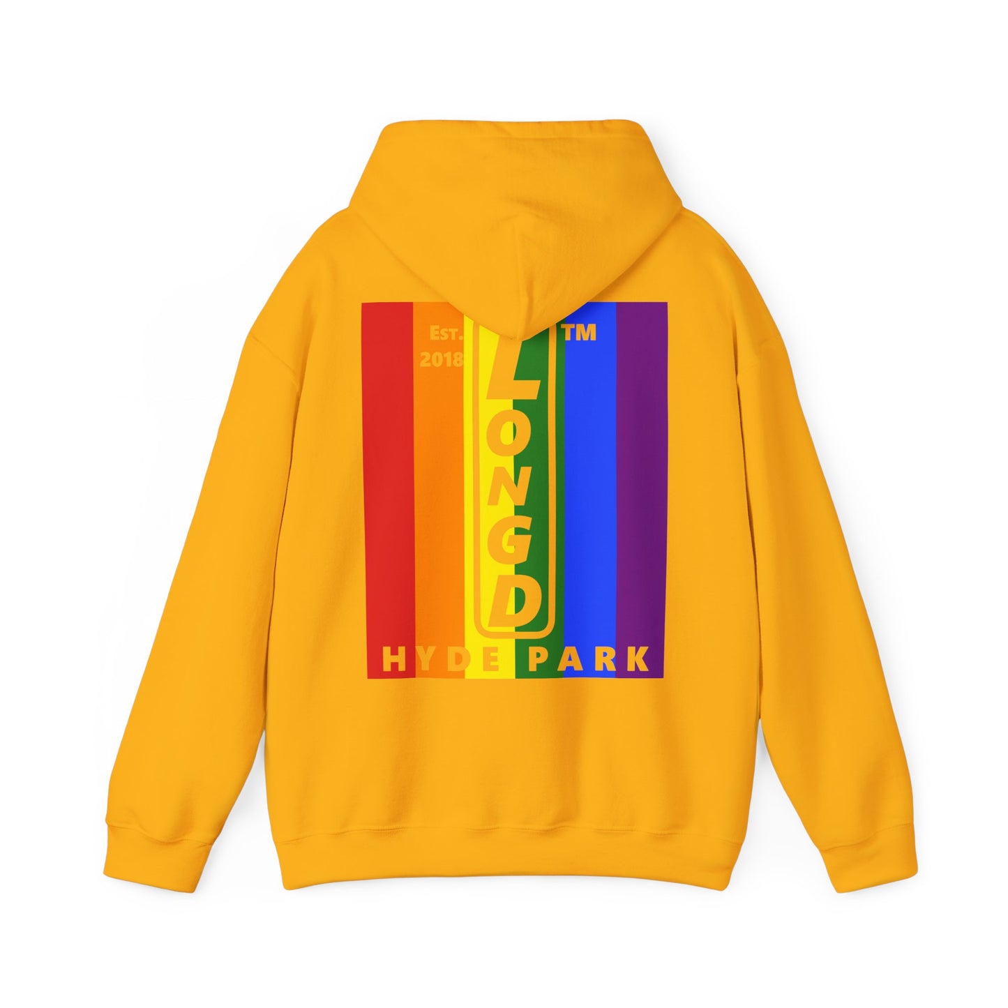 LongD single-breasted negative vertical 6-striped front-back upright Hyde Park logo hoodie (Pride colors)