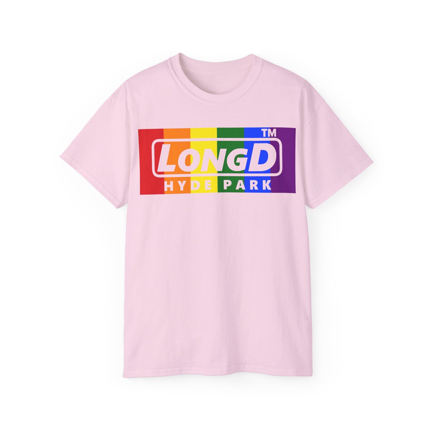 LongD negative vertical striped Hyde Park logo cotton tee (Pride colors)