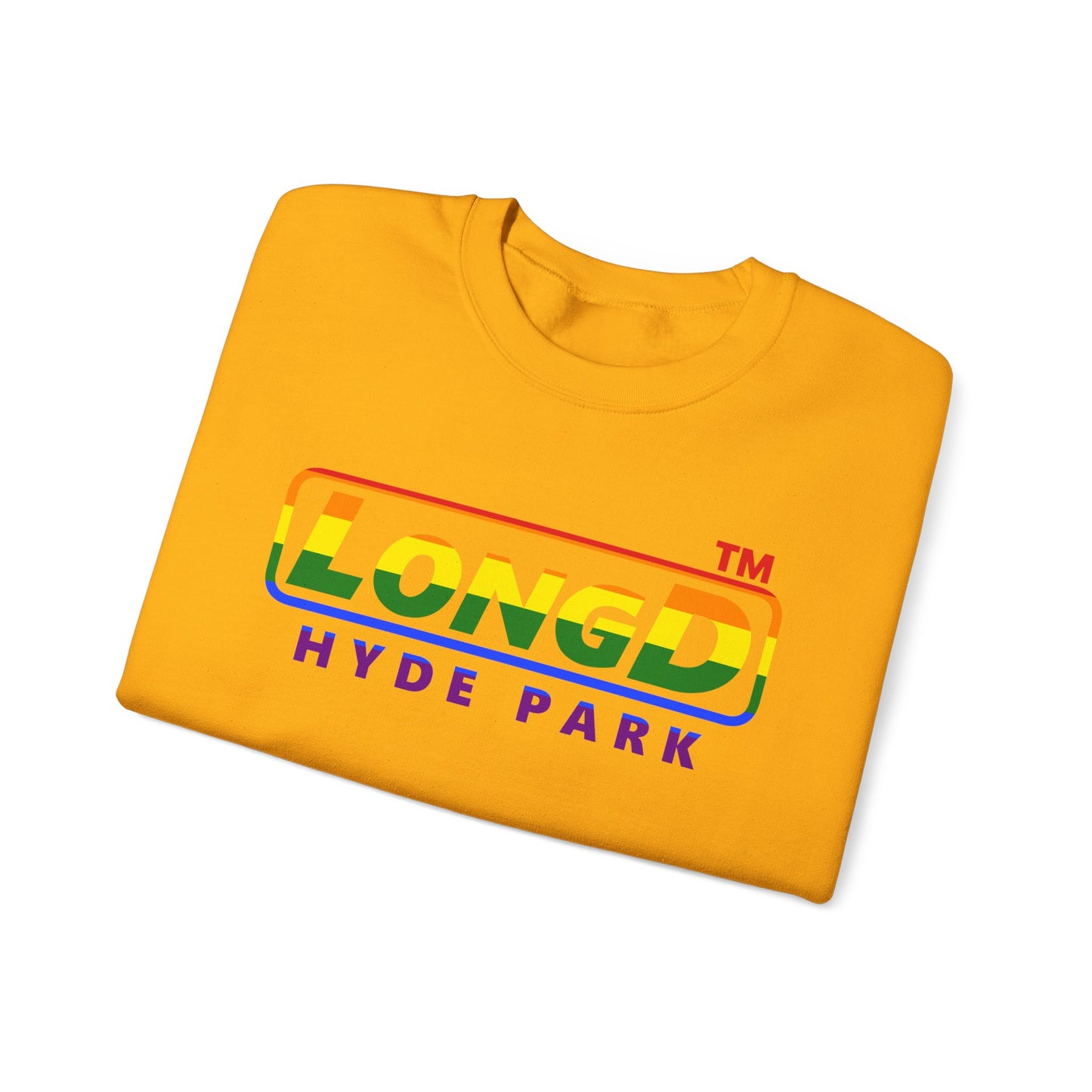 LongD positive horizontal striped front-back Hyde Park logo crewneck sweatshirt (Pride colors)