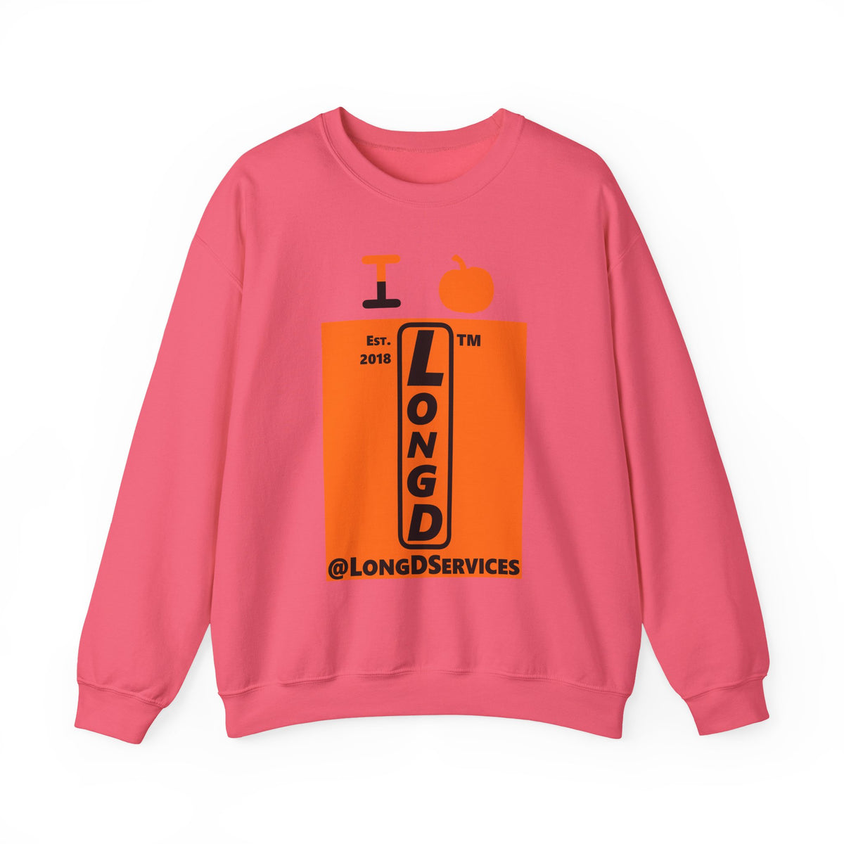 I pumpkin LongD Tag upright logo positive black on negative orange crewneck sweatshirt