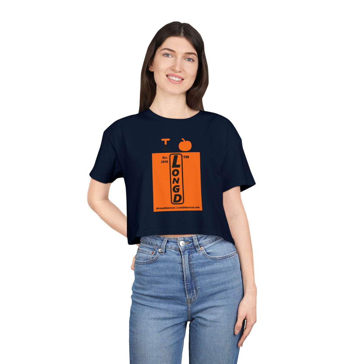 I pumpkin LongD Tag-domain upright logo positive black on negative orange crop tee