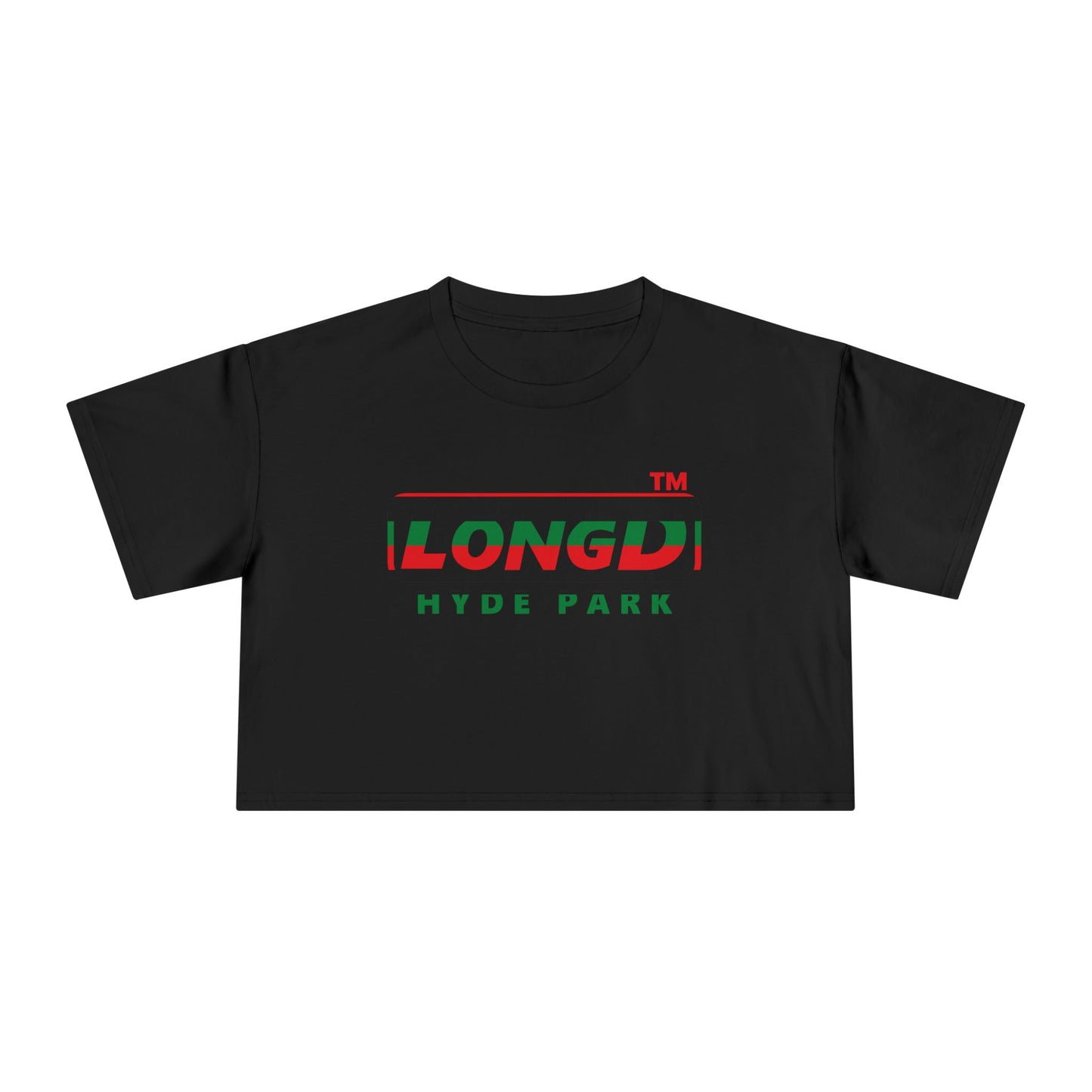 LongD positive horizontal 6-striped Hyde Park logo crop tee (Juneteenth colors)