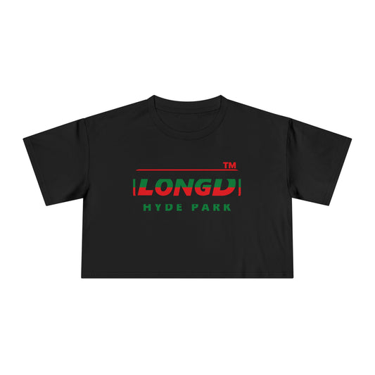 LongD positive horizontal 6-striped Hyde Park logo crop tee (Juneteenth colors)