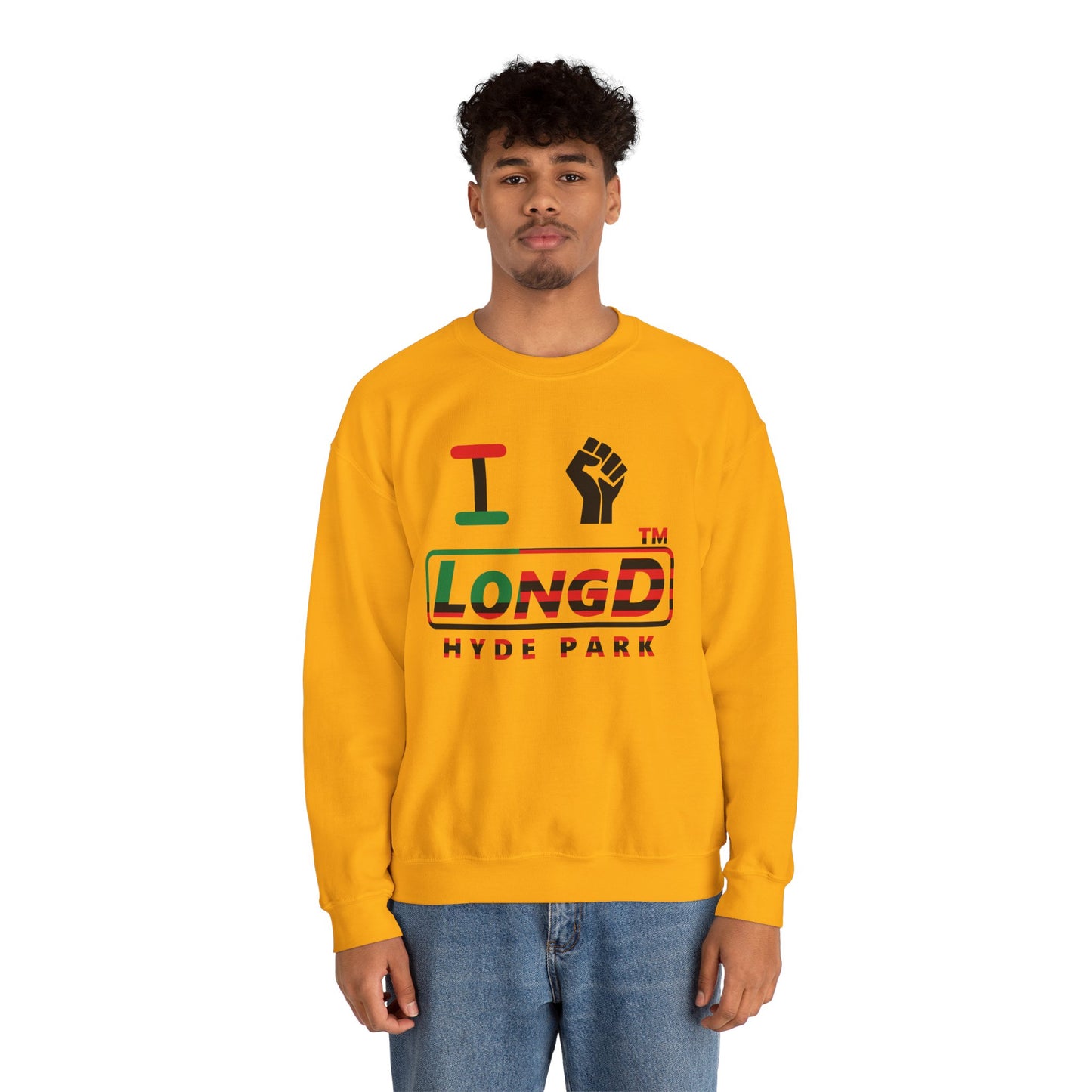 I fist LongD positive flag Hyde Park logo crewneck sweatshirt