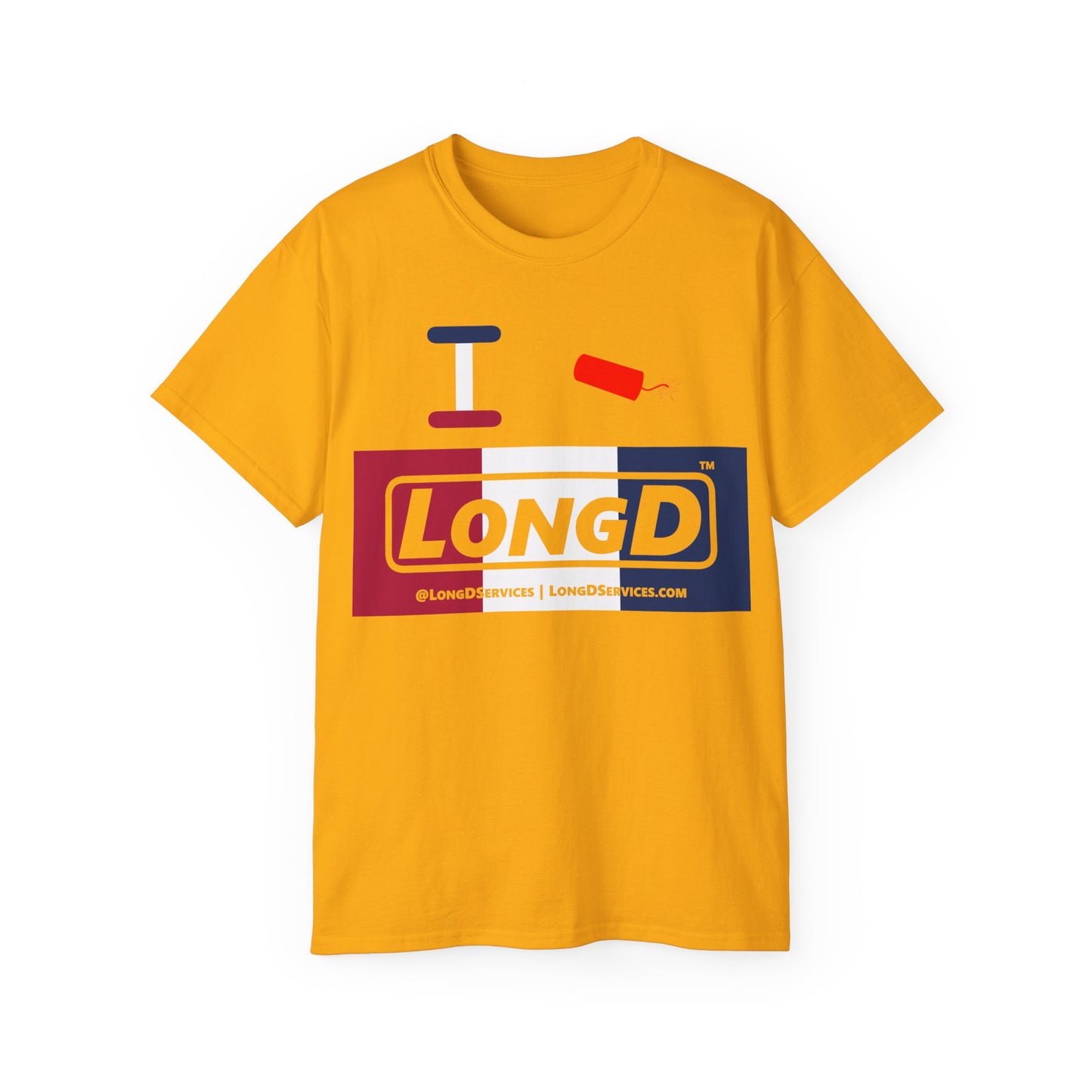I Firecracker LongD® Logo Cotton Tee Red, White and Blue negative thirds text