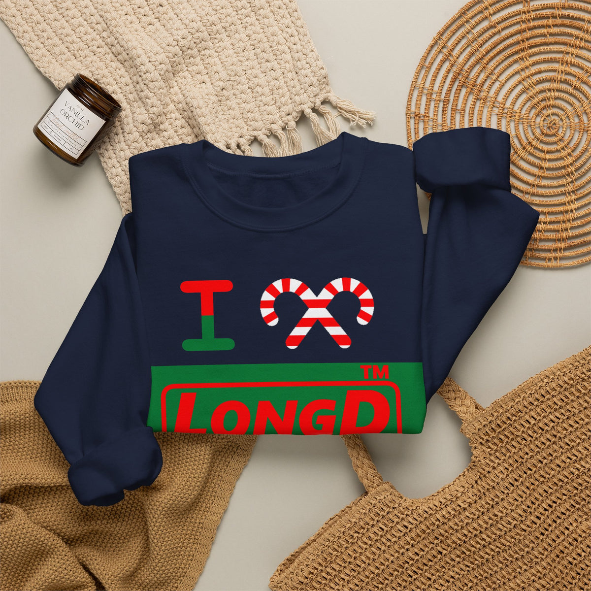 I candy cane LongD Hyde Park logo positive red on negative green crewneck sweatshirt