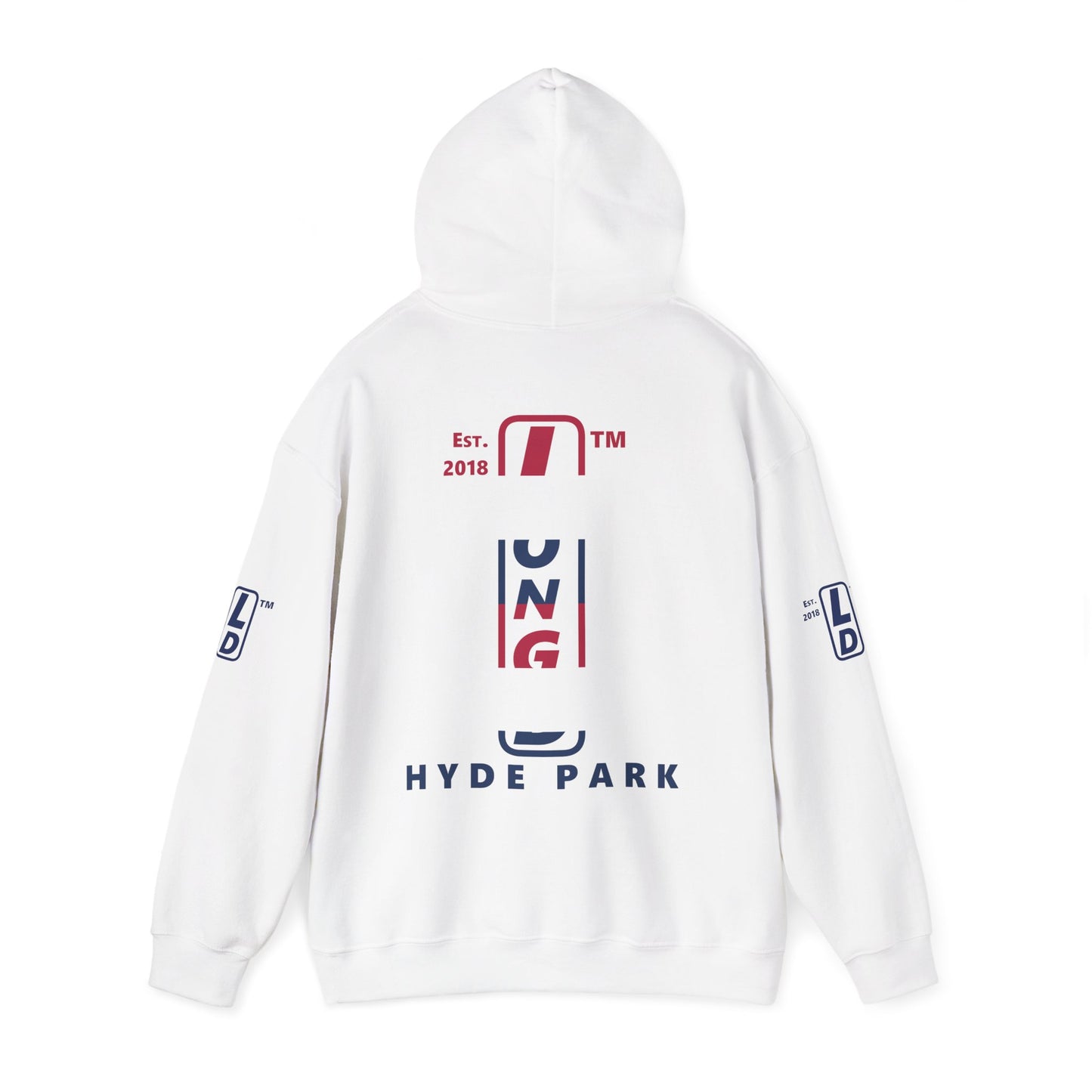 LongD® positive horizontal 6-striped Hyde Park 4-print upright logo hoodie (patriotic colors)