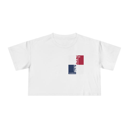 Negative quarters upright single-breasted tag-domain logo crop tee (Patriotic colors)