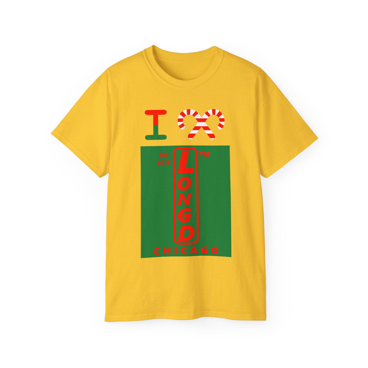 I candy cane LongD Chicago upright logo positive red on negative green cotton tee