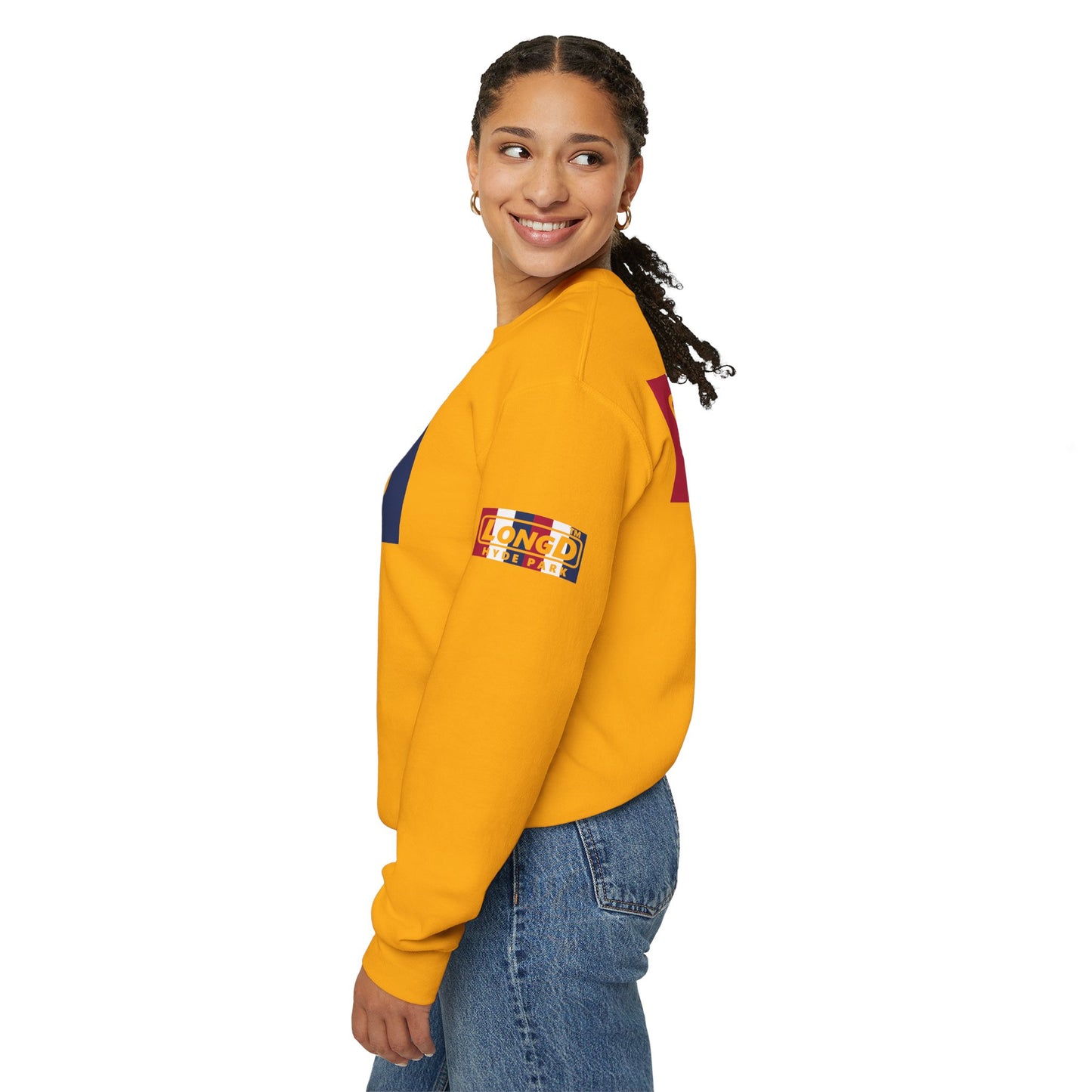 LongD negative vertical 6-striped 4-print double-breasted Chicago logo crewneck sweatshirt (patriotic colors)