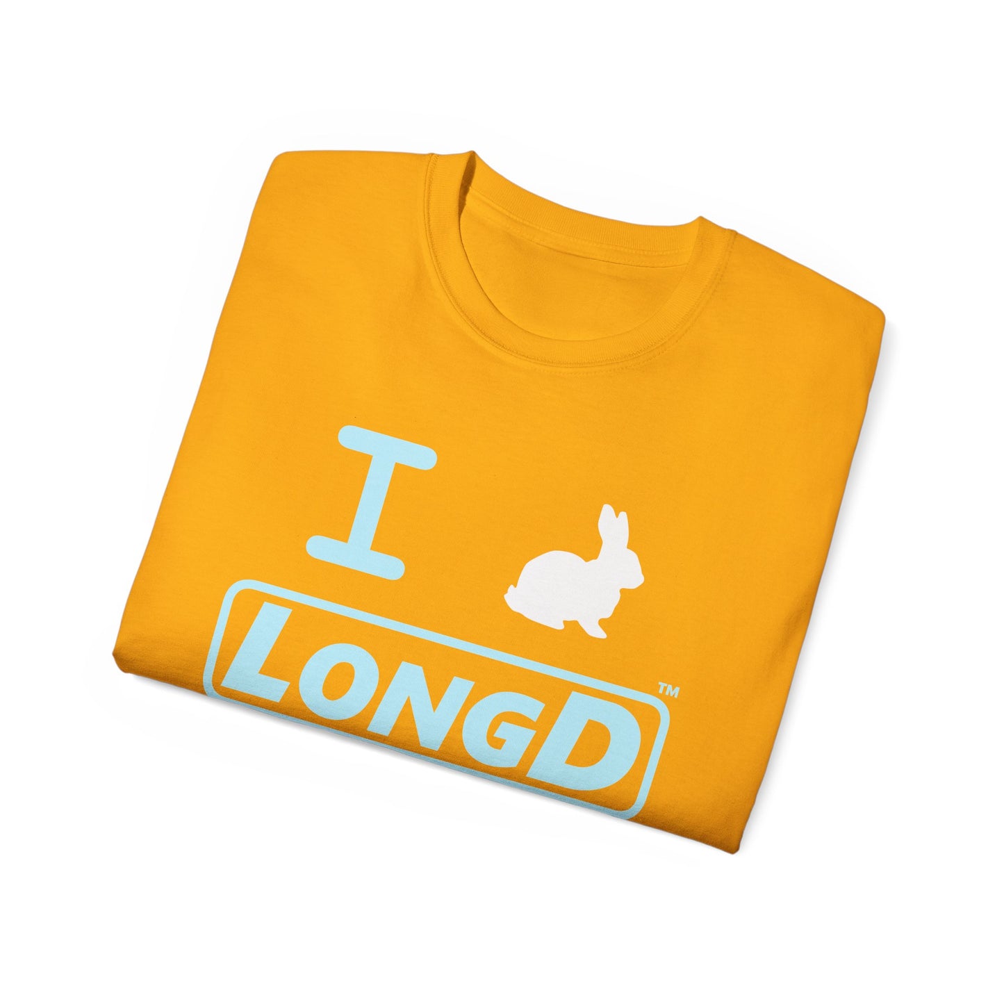 I Bunny LongD® Logo Cotton Tee Easter pastel blue text (white Easter Bunny)