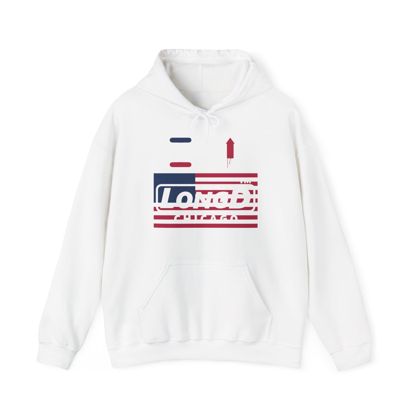 I firecracker LongD® negative flag front-back double breasted Chicago logo hoodie