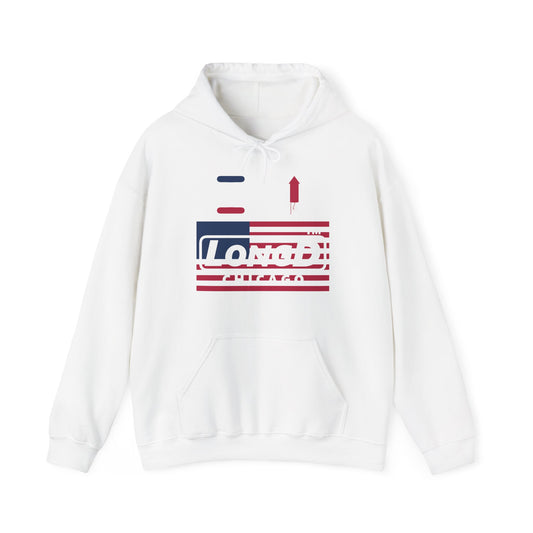 I firecracker LongD® negative flag front-back double breasted Chicago logo hoodie