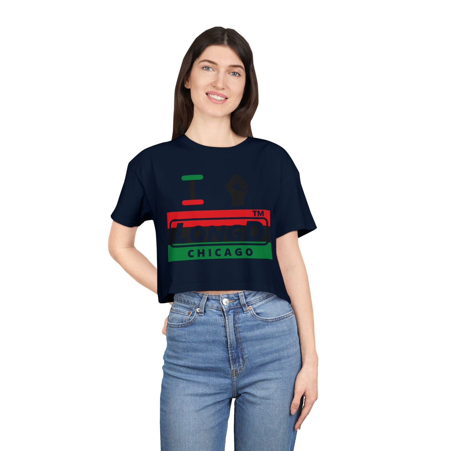 I fist LongD negative horizontal 3-striped Chicago logo crop tee